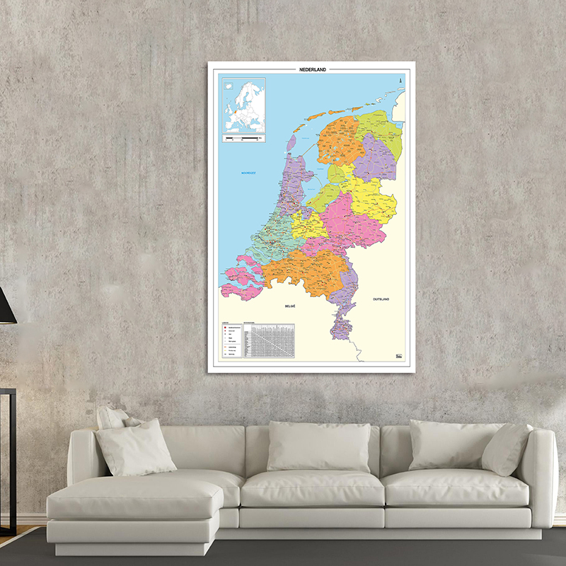 100*150cm 네덜란드 정치지도 네덜란드 언어 부직포 캔버스 회화 벽 아트 포스터 홈 인테리어 학교 용품